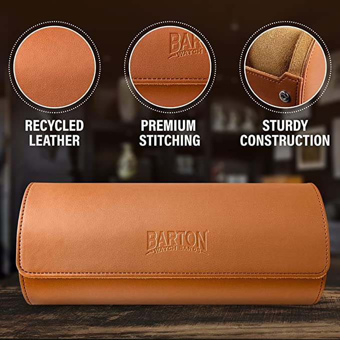 BARTON Watch Roll - Brown Recycled Leather Watch Travel Case & Watch Band Storage - 3 Watch Case
